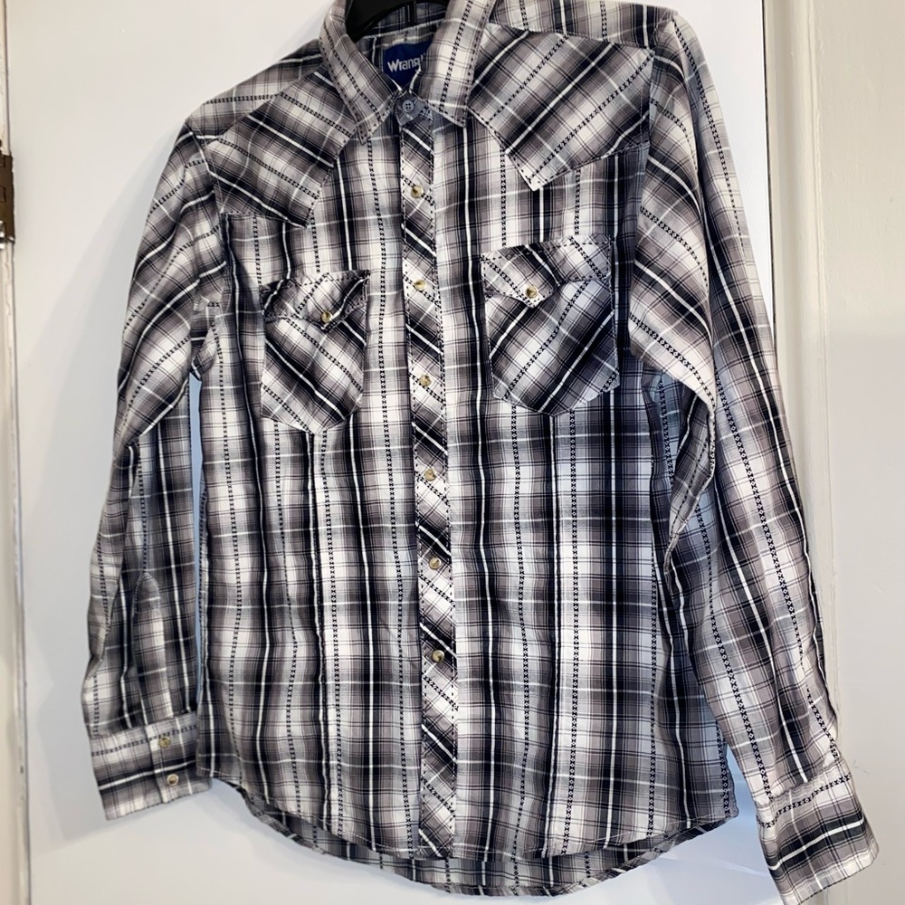 Wrangler Western Men’s Plaid Shirt Sz M Black/Gray/White Pearl Snaps Cowboy EUC